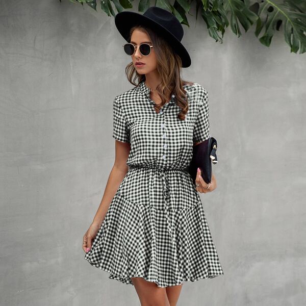 

Ruffle Hem Gingham Shirt Dress, Black and white