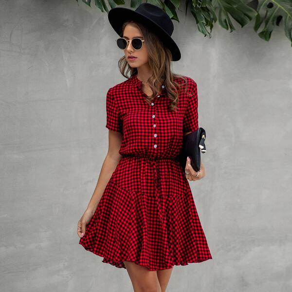 

Button Front Drawstring Waist Gingham Shirt Dress, Red