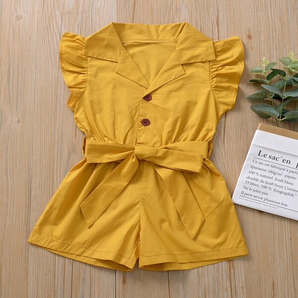 

Toddler Girls Lapel Neck Button Front Ruffle Trim Belted Romper, Yellow