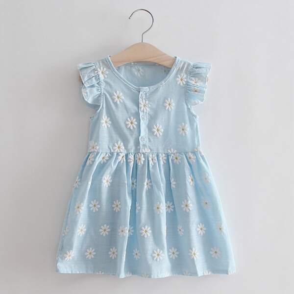 

Toddler Girls Floral Embroidery Ruffle Cuff Smock Dress, Blue