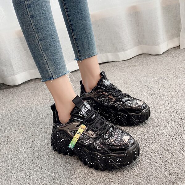

Glitter Decor Lace-up Front Sneakers, Black