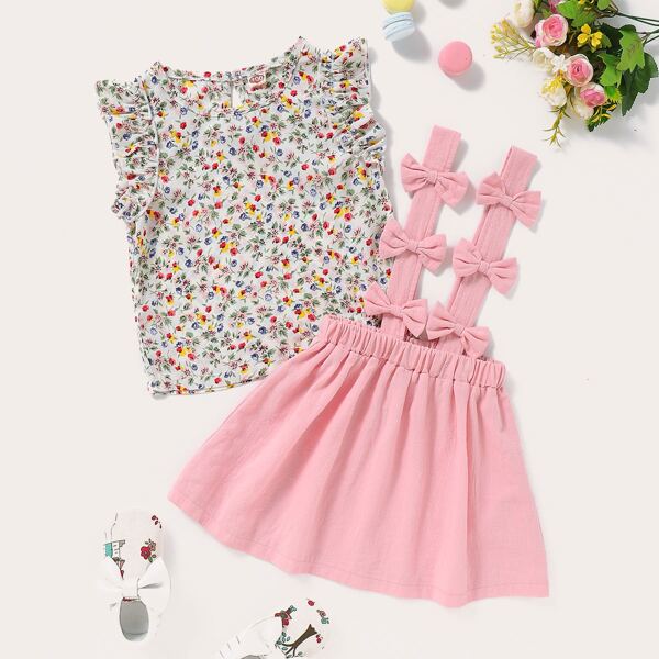 

Toddler Girls Ditsy Floral Ruffle Trim Top & Bow Suspender Skirt, Multicolor