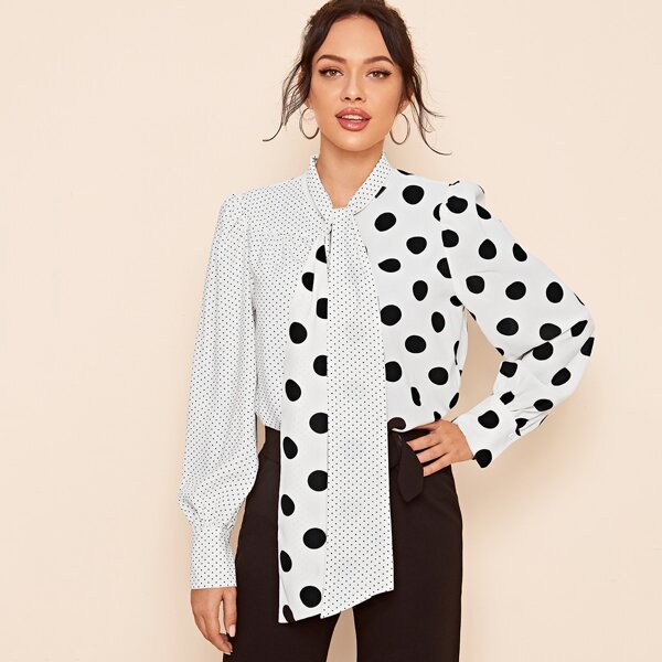 

Tie Neck Mixed Polka Dot Lantern Sleeve Top, White
