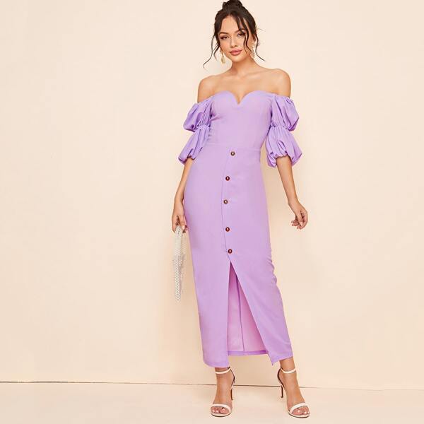 

Off Shoulder Gathered Sleeve Button Front Dress, Purple pastel