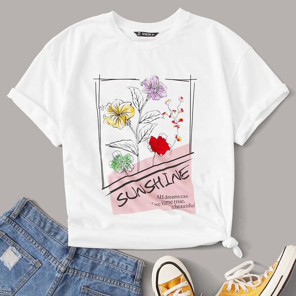 

Floral & Slogan Graphic Tee, White
