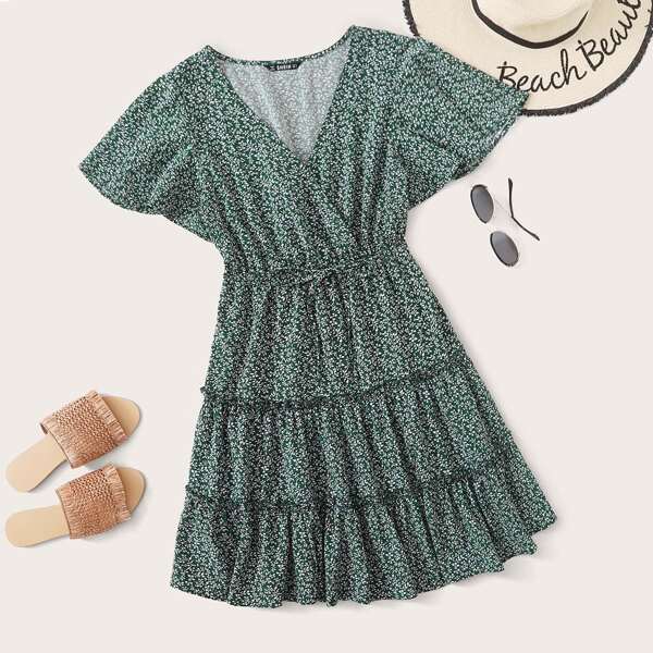 

Allover Plants Print Flutter Sleeve Frill Trim Tiered Dress, Green