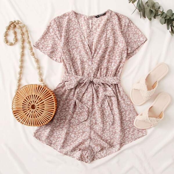 

V-neck Ditsy Floral Belted Romper, Pink