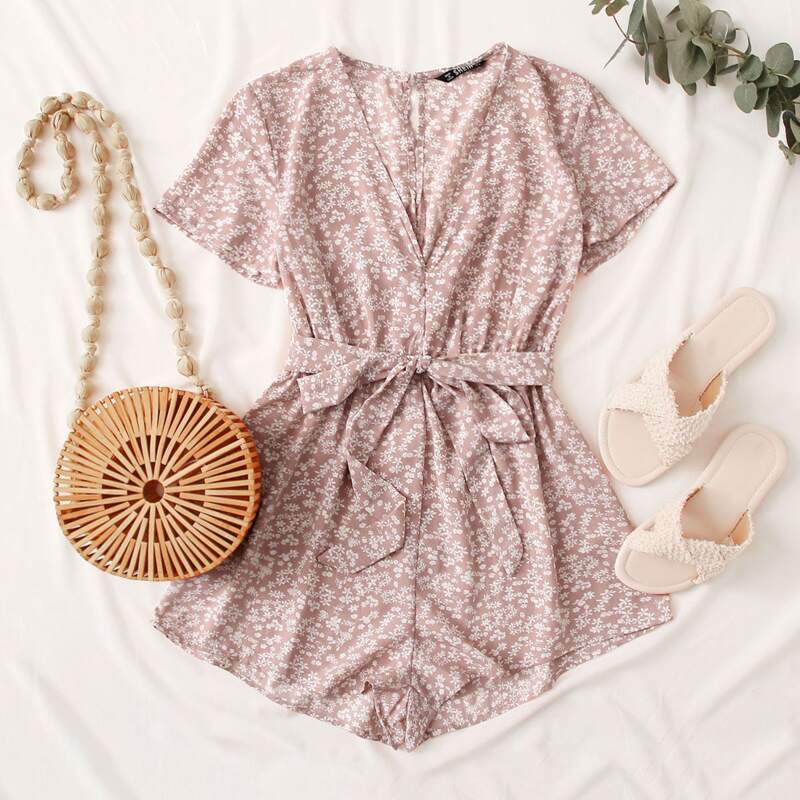 

V-neck Ditsy Floral Belted Romper, Pink