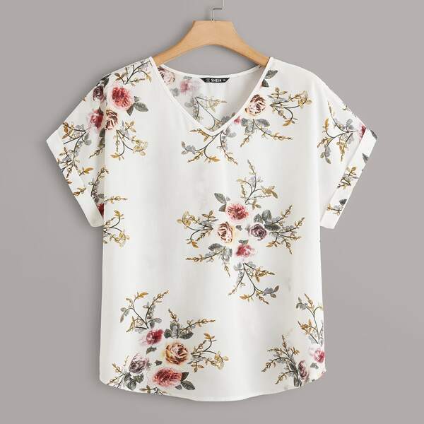 

Plus Rolled Up Sleeve Botanical Print Top, White