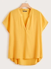 SHEIN LUNE Plus Notch Collar High Low Hem Top - Yellow - View 1