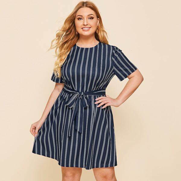 

Plus Striped Belted Dress, Navy blue