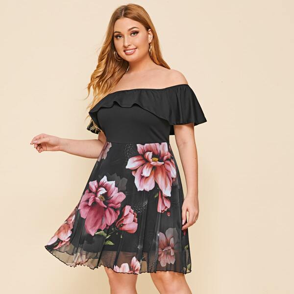 

Plus Flounce Off Shoulder Floral Print Mesh Dress, Black