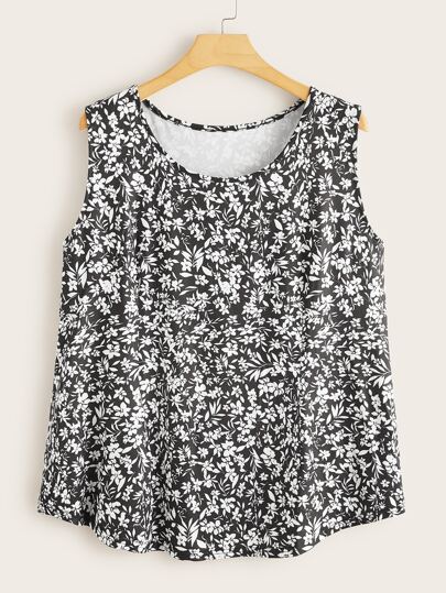 Plus Ditsy Floral Curved Hem Tank Top