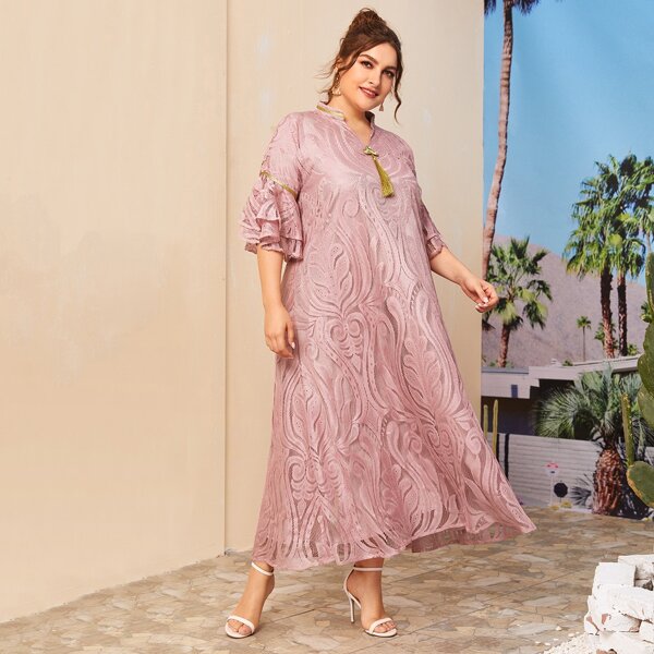 

Plus Notch Neck Fringe Lace Tunic Dress, Pink