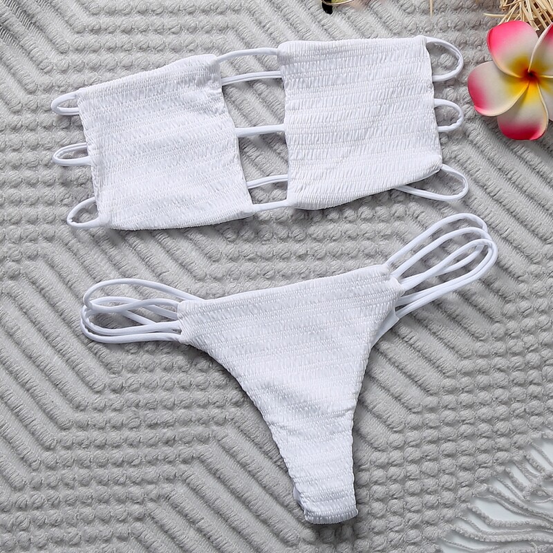 

Smocked Ladder Cut-out Bandeau Bikini Swimsuit, White