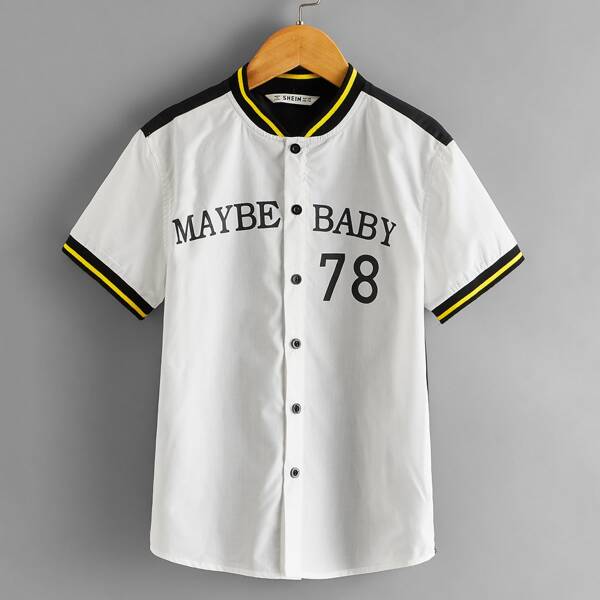 

Boys Striped Trim Letter Graphic Colorblock Shirt, Black and white
