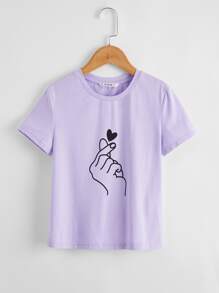 SHEIN Girls Gesture Print Tee - Purple - View 1