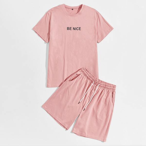 

Men Slogan Graphic Tee & Slant Pocket Drawstring Shorts, Pink