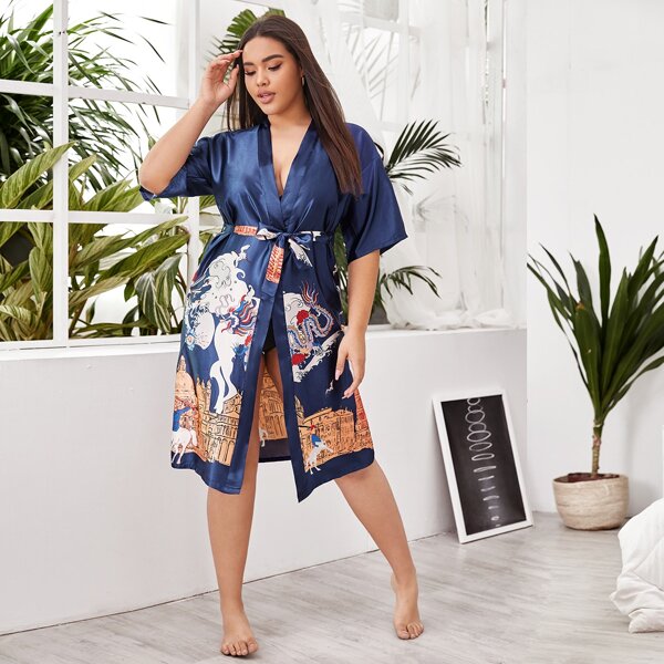 

Plus Dragon & Building Print Belted Satin Robe, Navy blue