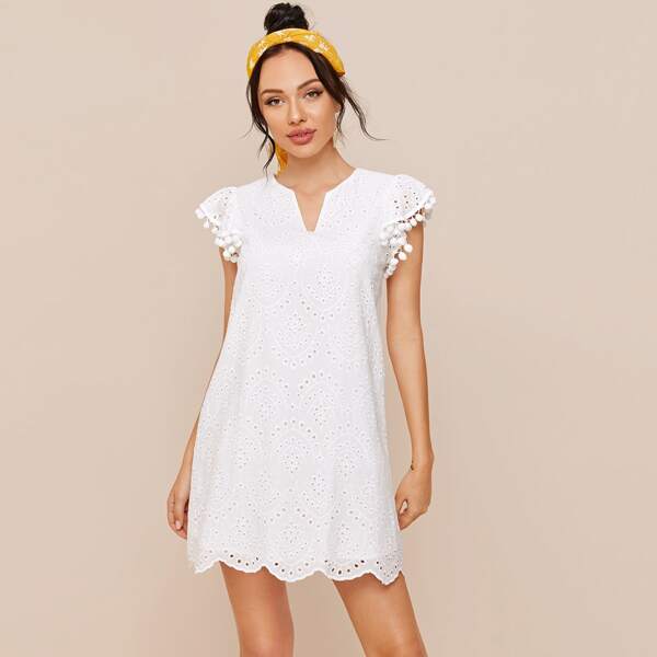

Solid Pompom Schiffy Dress, White