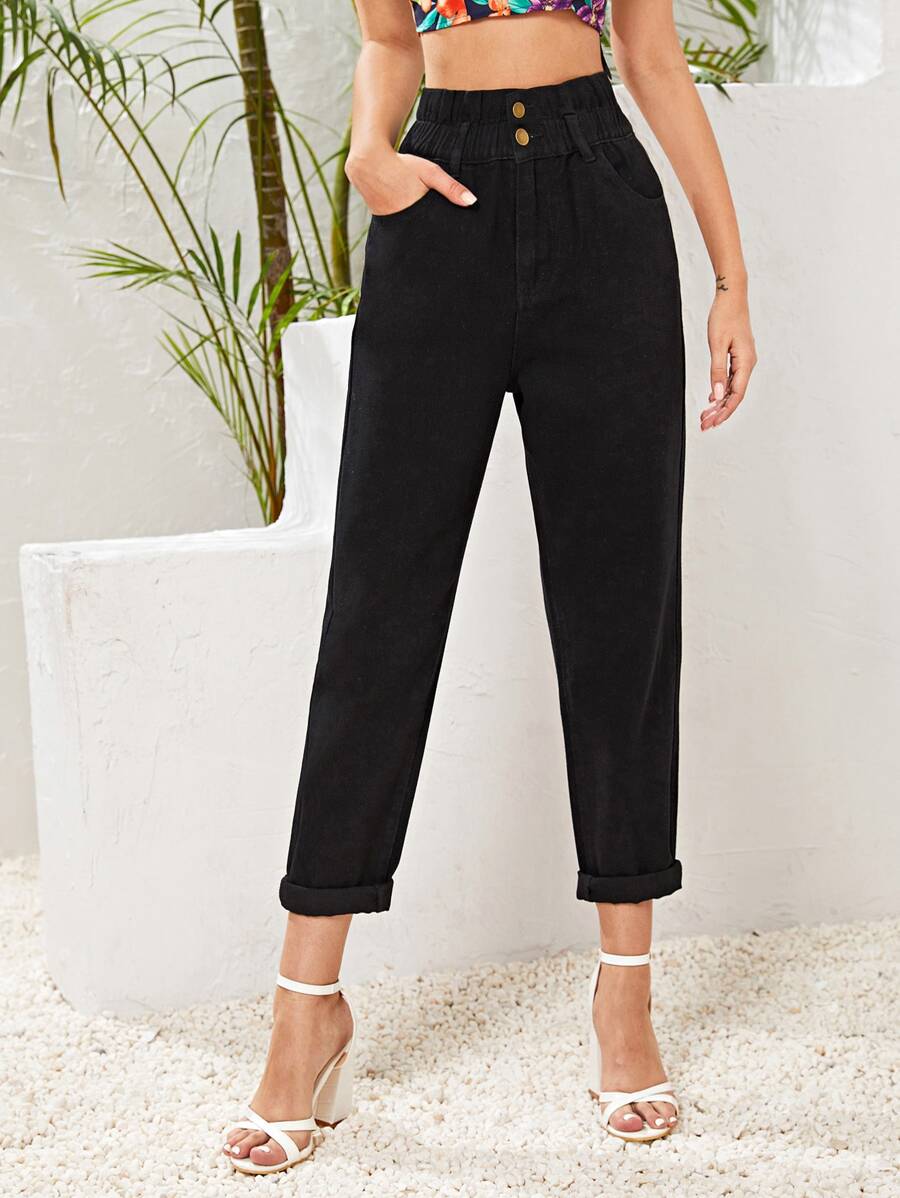 SHEIN Essnce Jeans mom recortados de cintura con volante con lavado negro - Negro - Ver 1