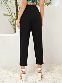 SHEIN Essnce Jeans mom recortados de cintura con volante con lavado negro - Negro - Ver 2
