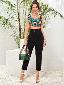 SHEIN Essnce Jeans mom recortados de cintura con volante con lavado negro - Negro - Ver 3