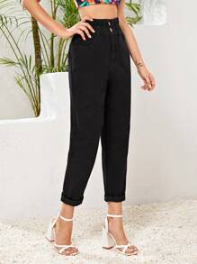 SHEIN Essnce Jeans mom recortados de cintura con volante con lavado negro - Negro - Ver 5