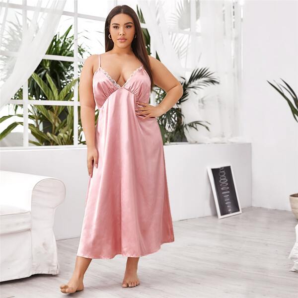 

Plus Contrast Lace Satin Cami Nightdress, Pink