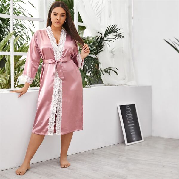 

Plus Contrast Lace Belted Satin Robe, Pink