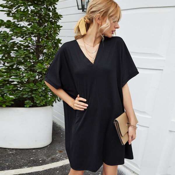 

Solid V Neck Tunic Dress, Black