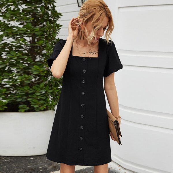 

Button Front Puff Sleeve Tunic Dress, Black