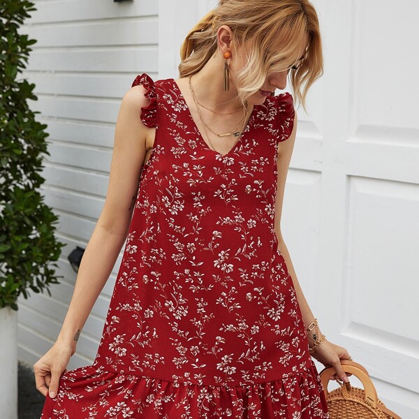 

Allover Floral Frill Trim Ruffle Hem Smock Dress, Red