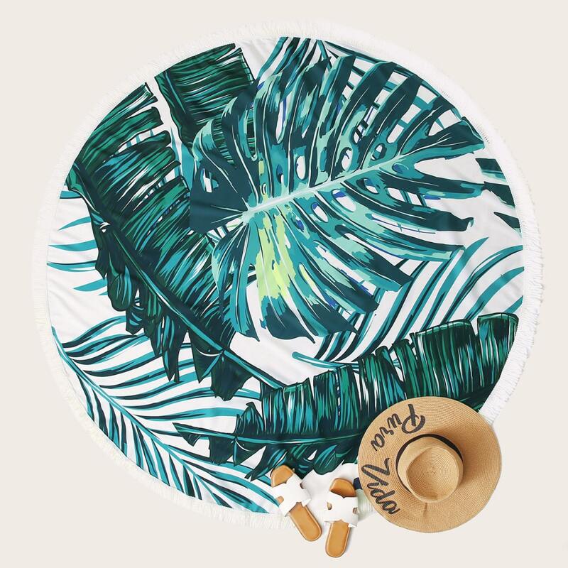 

Tropical Fringe Trim Round Beach Blanket, Green
