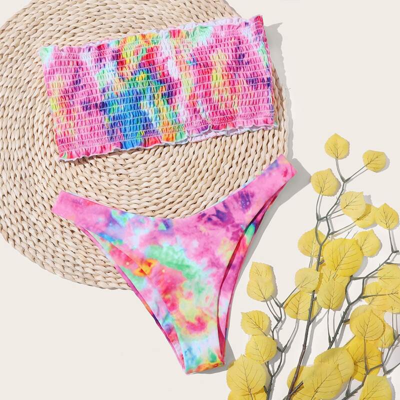 

Tie Dye Smocked Frill Bandeau Bikini Swimsuit, Multicolor