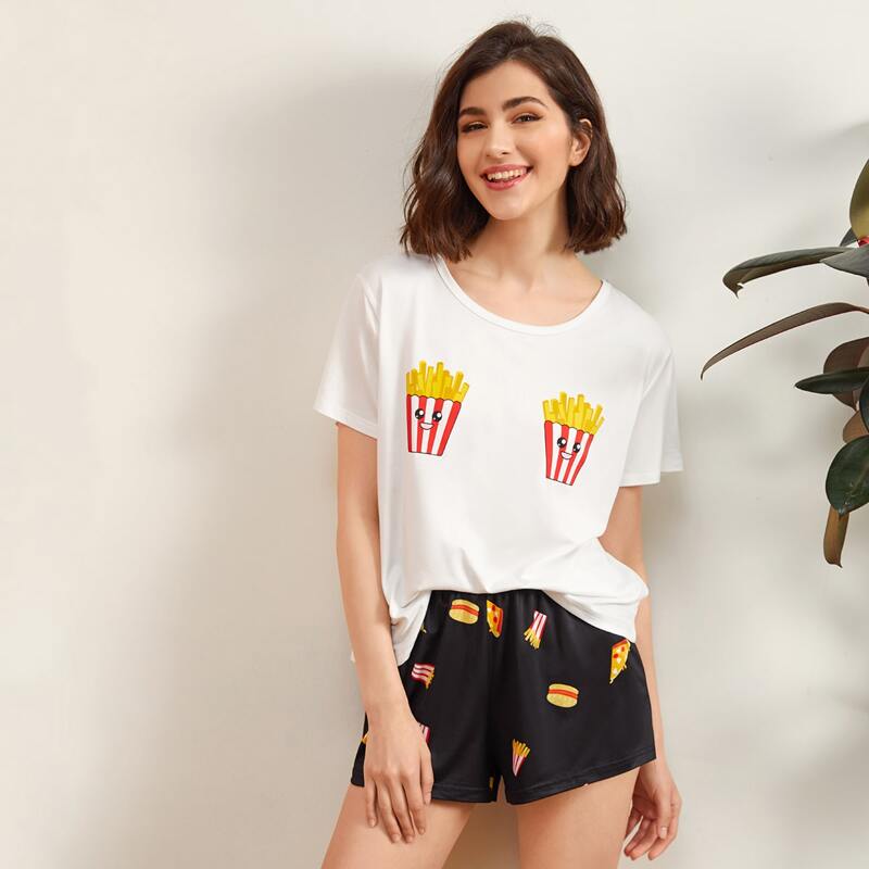 

French Fries And Hamburger Print PJ Set, Black and white