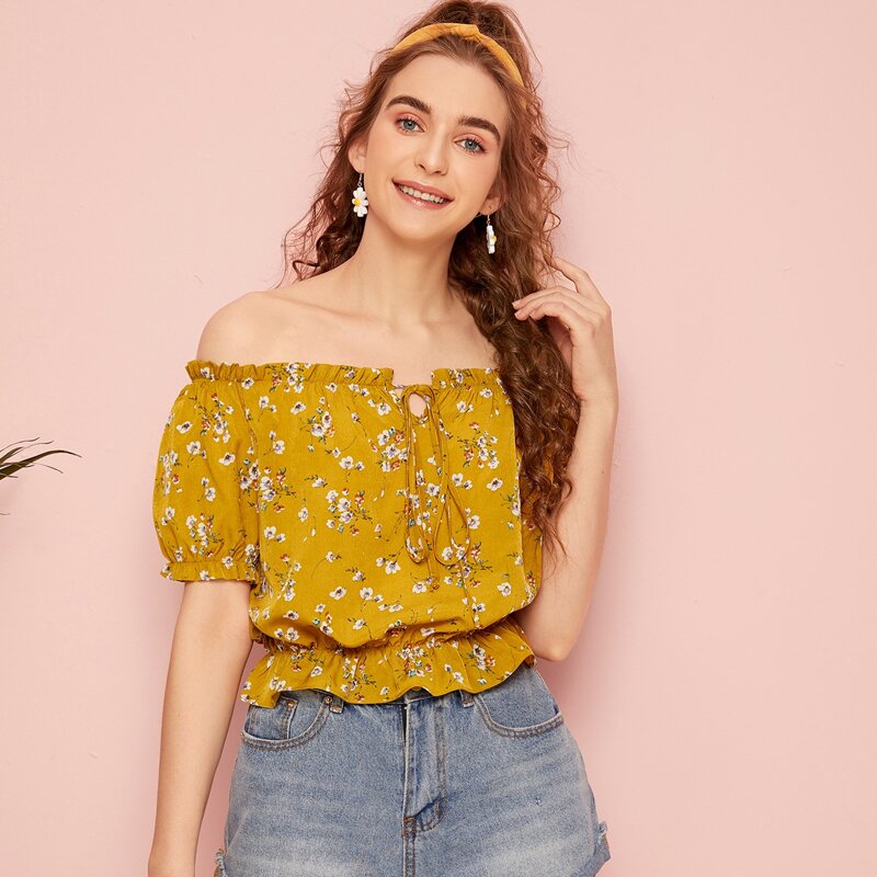 

Off Shoulder Ditsy Floral Blouse, Yellow