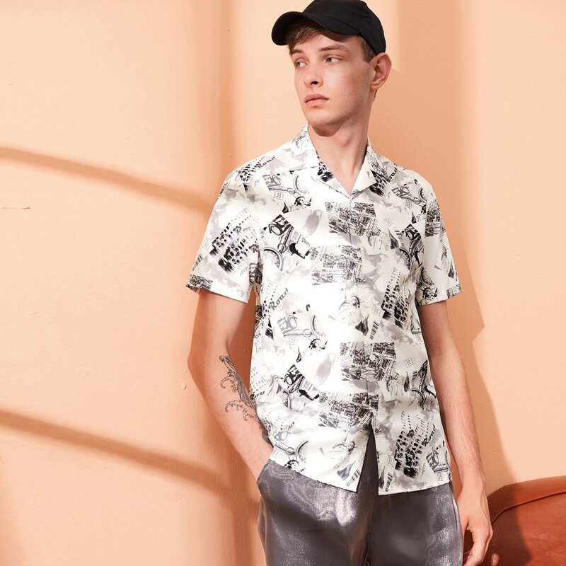 

Guys Button Front Graphic Print Shirt, Beige