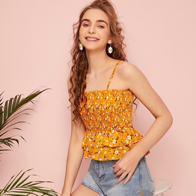 

Ditsy Floral Shirred Ruffle Cami, Yellow
