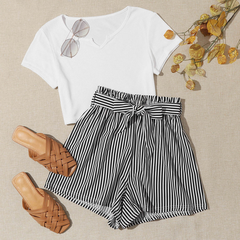 

White Tee & Striped Shorts, Black and white