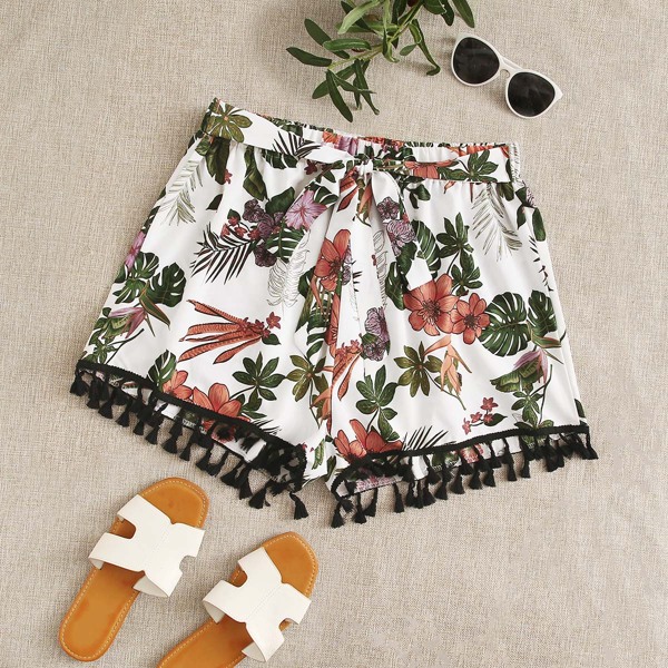 

Plus Plants Print Tassel Belted Shorts, Multicolor