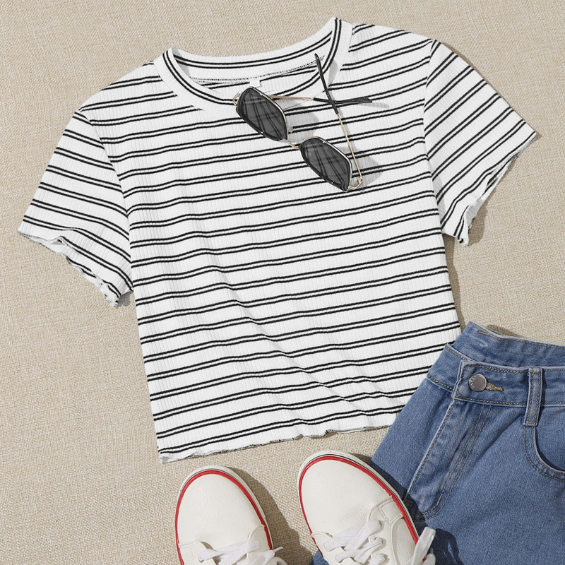 

Striped Lettuce Trim Tee, Black and white