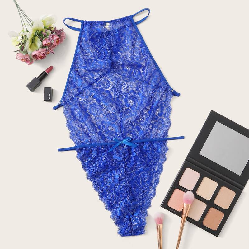 

Floral Lace Backless Teddy Bodysuit, Blue