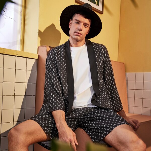 

Men Allover Floral Print Shirt With Shorts, Black