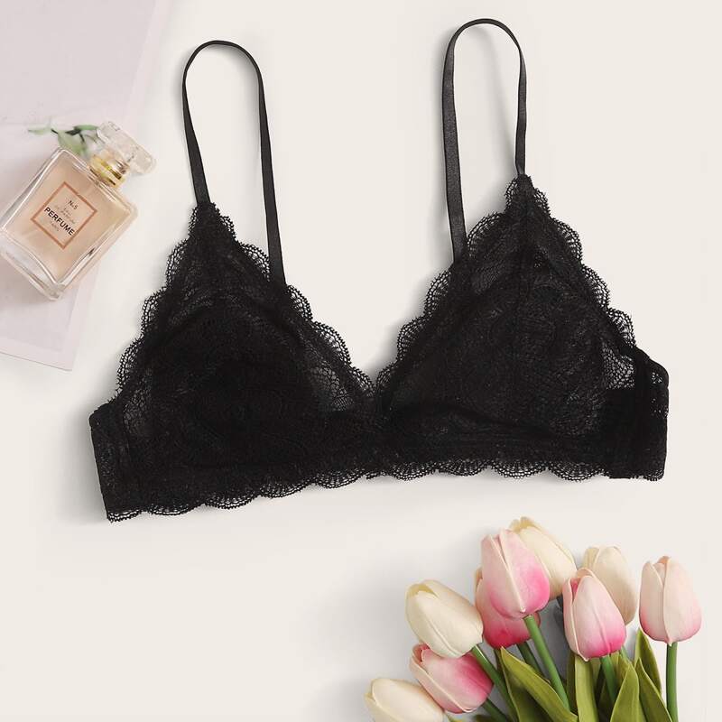 

Scallop Floral Lace Bra, Black