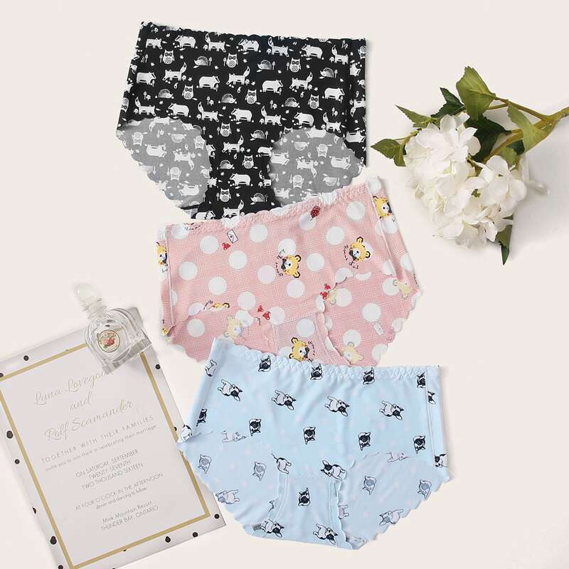 

3pack Cartoon Scallop Trim Panty Set, Multicolor