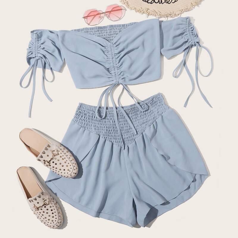 

Off Shoulder Drawstring Top & Ruffle Shorts, Blue