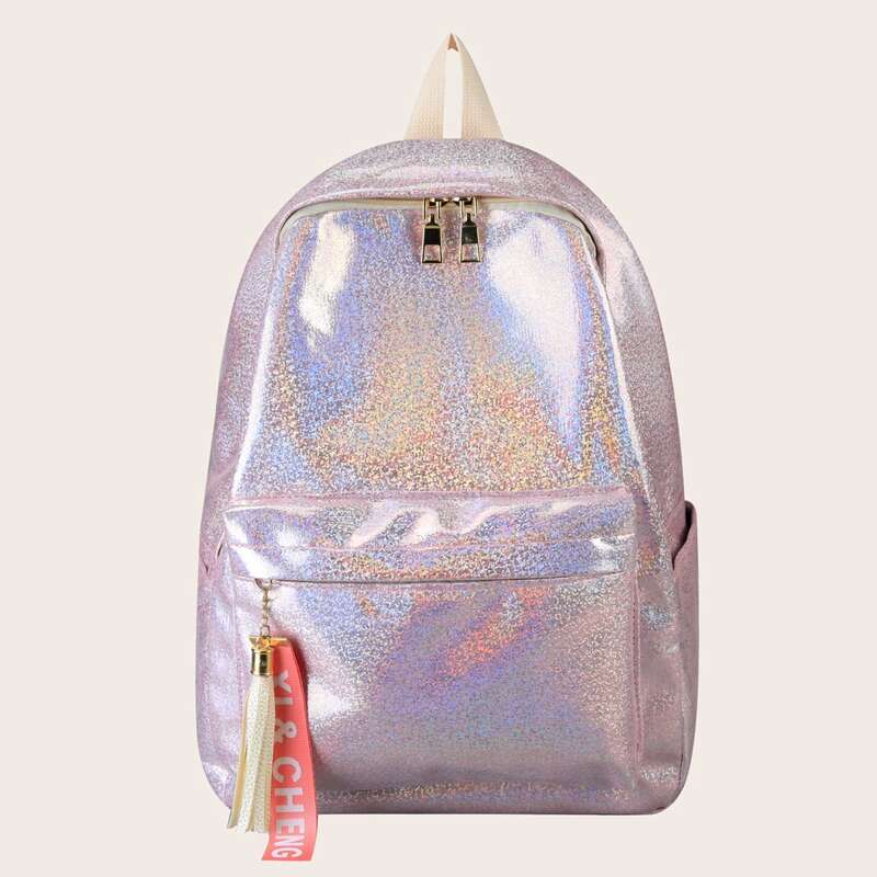 

Tassel & Letter Tape Charm Pocket Front Backpack, Pink