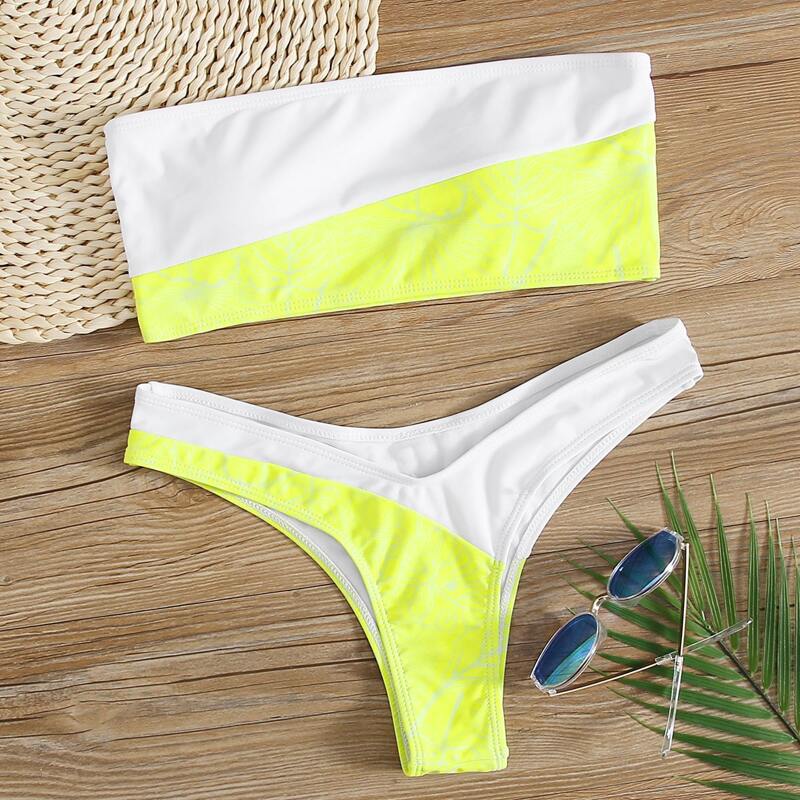 

Colorblock Bandeau High Leg Bikini Swimsuit, Multicolor