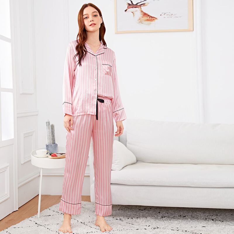 

Contrast Binding Striped Satin PJ Set, Pink